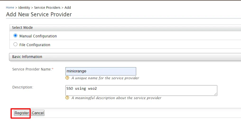 WSO2 SSO: Register service provider