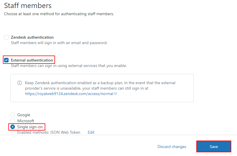 zendesk jwt sso under staff members tab select sso option