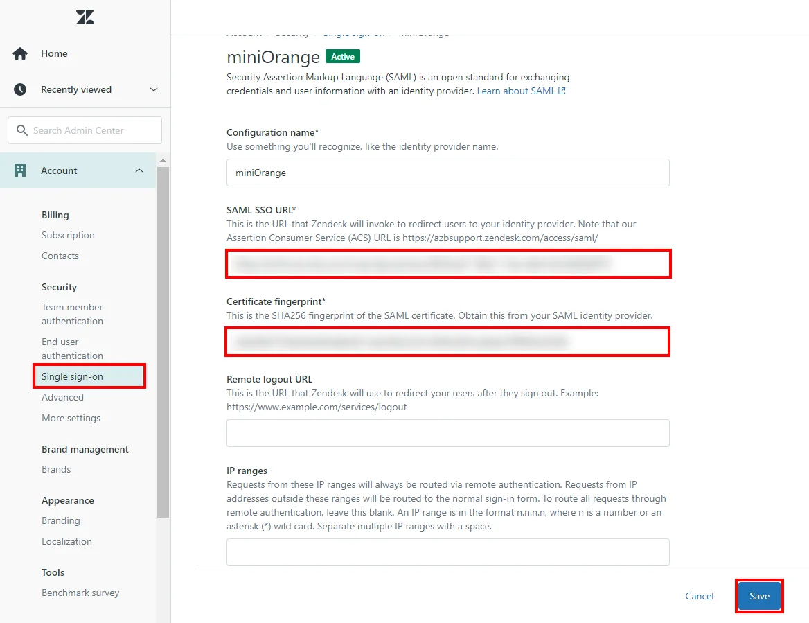 Zendesk enterprise Single Sign On (SSO): Enter configuration details