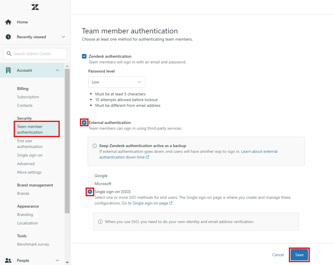 Zendesk enterprise Single Sign On (SSO) enter configuration details