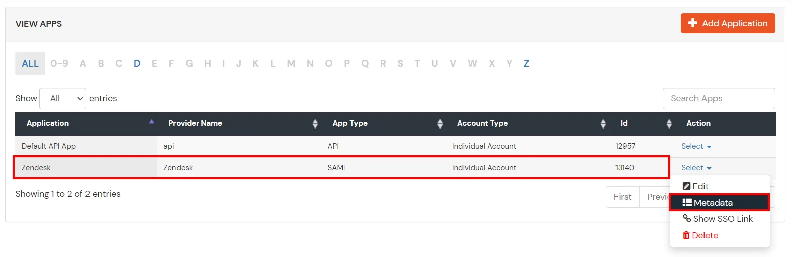 Zendesk SAML Single Sign-On (SSO) Select Metadata