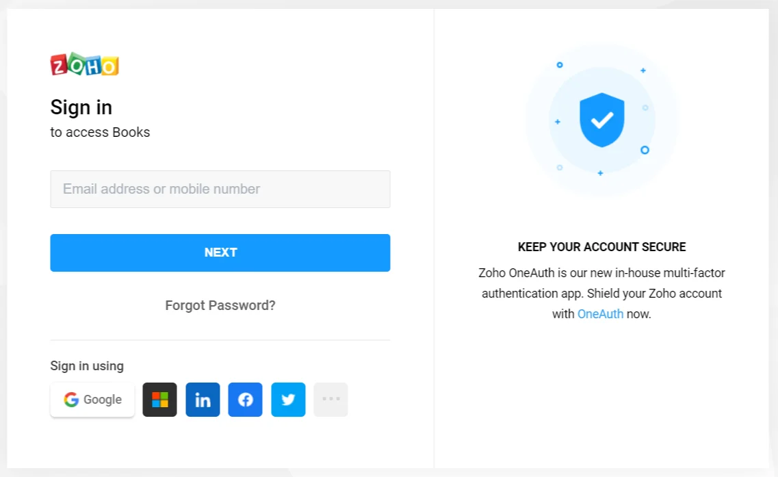 Zoho Books Single Sign-On (sso) user login page