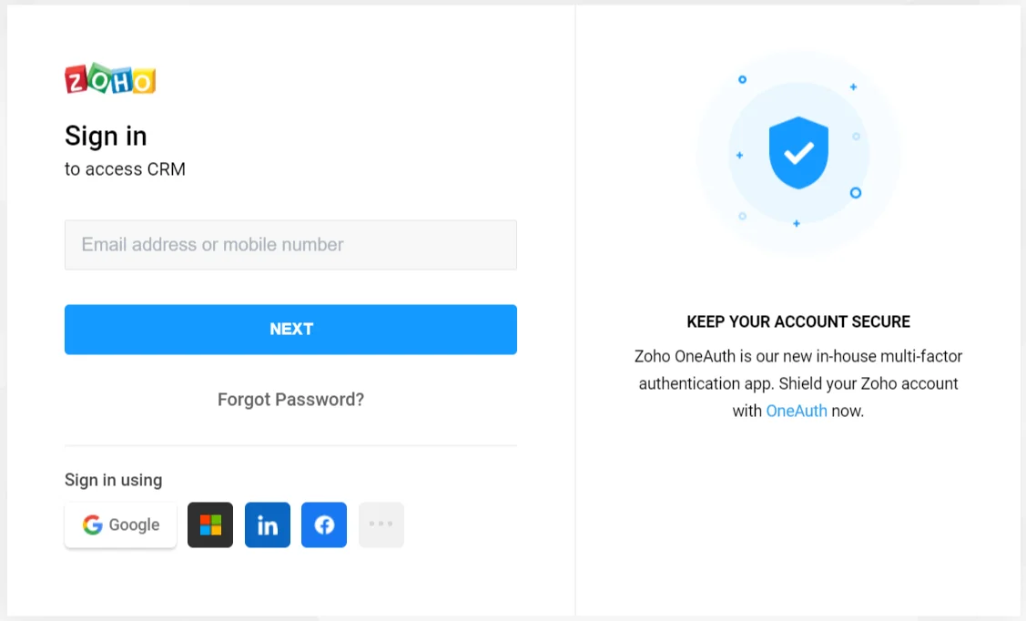 Zoho CRM Single Sign-On (sso) user login page 