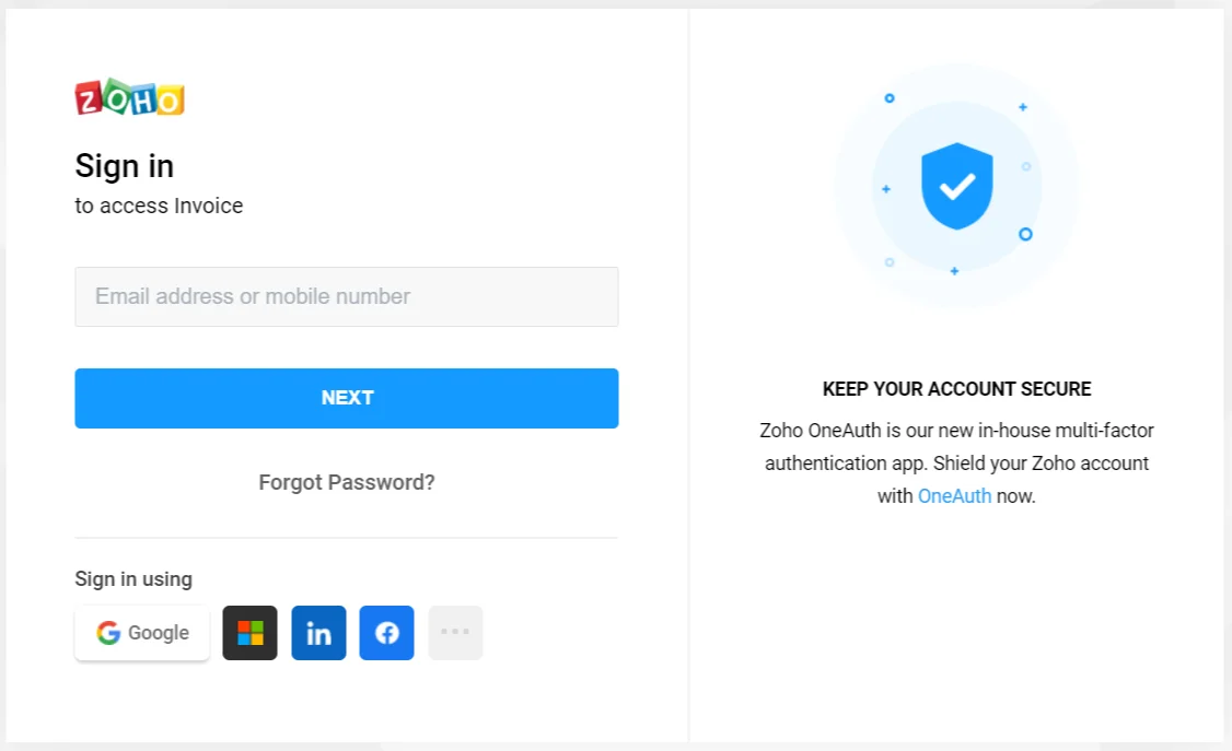 Zoho Invoice Single Sign-On (sso) user login page 