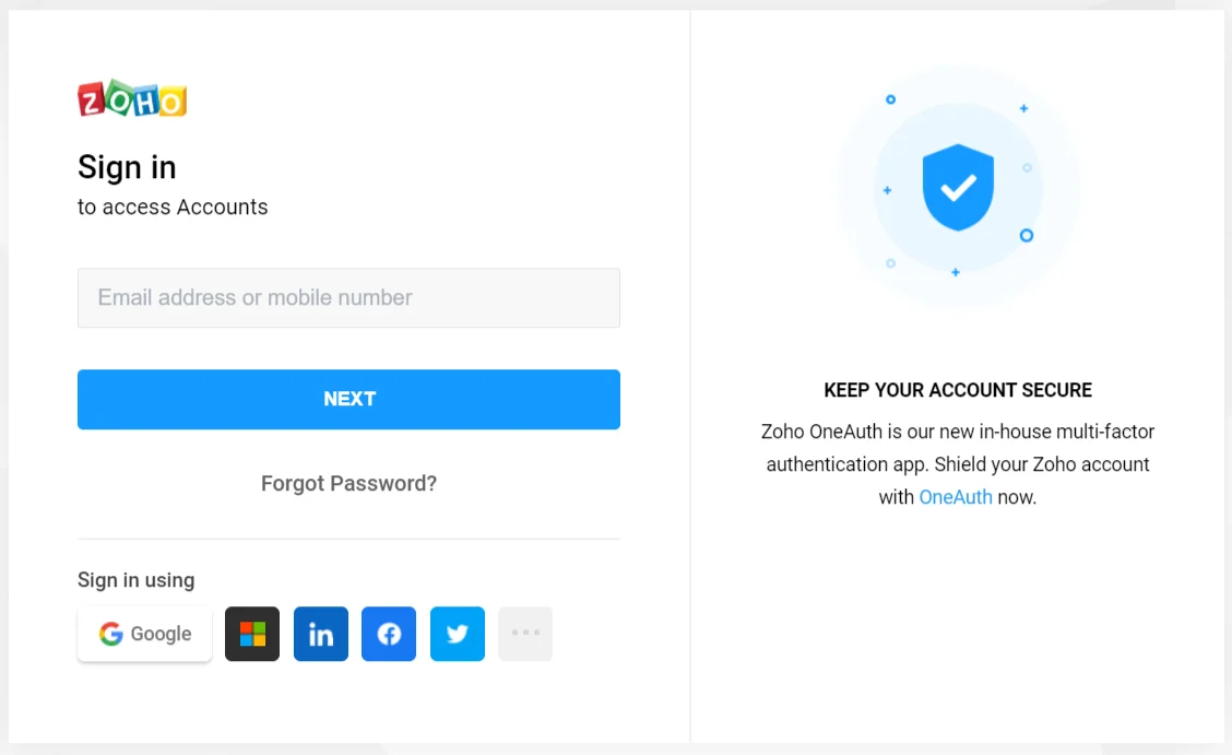 Zoho Personal Single Sign-On (sso) user login page 