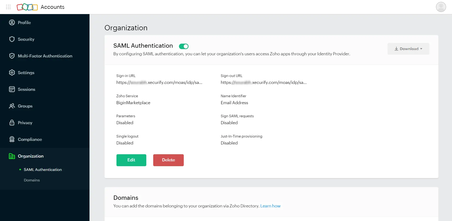 Zoho Subscription SAML Single Sign On (SSO) saml settings