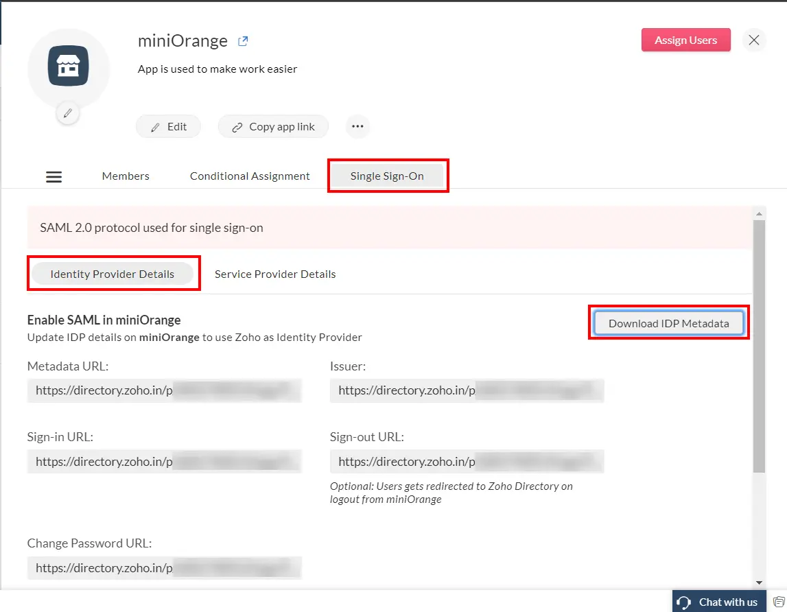 Zoho Single Sign on (SSO) configured settings