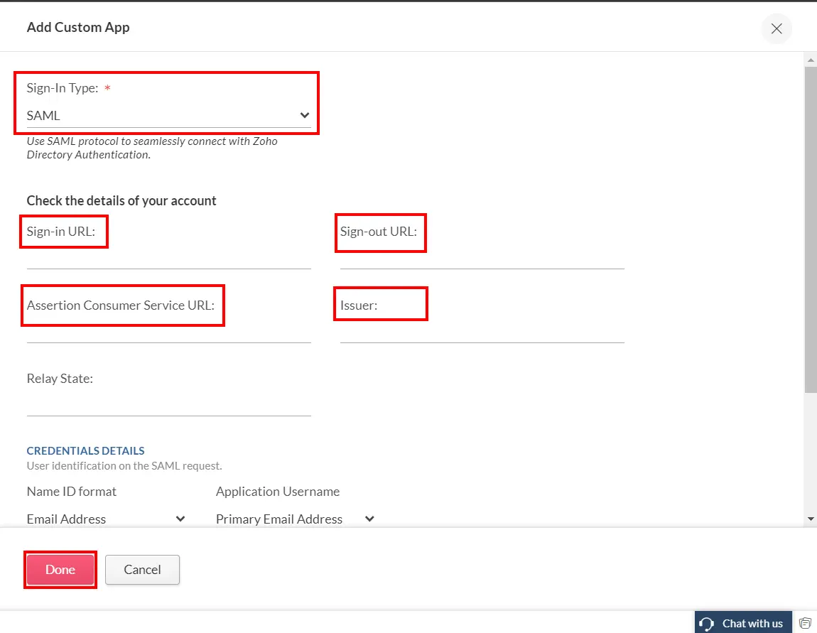 Zoho Single Sign On (SSO) select saml
