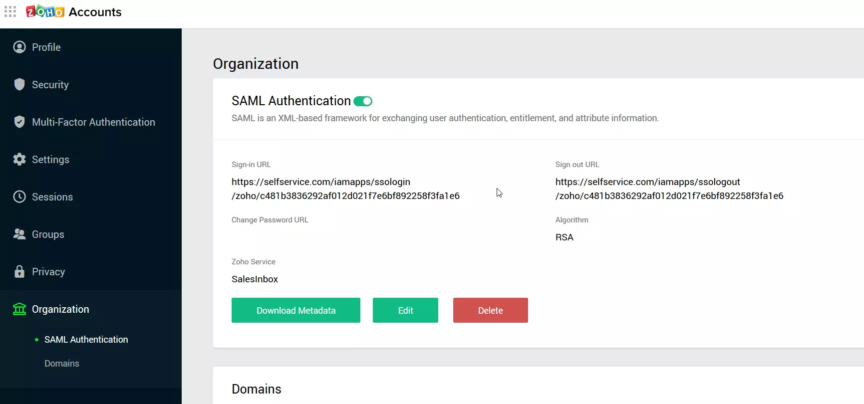 Zoho SAML Single Sign On (SSO) saml settings