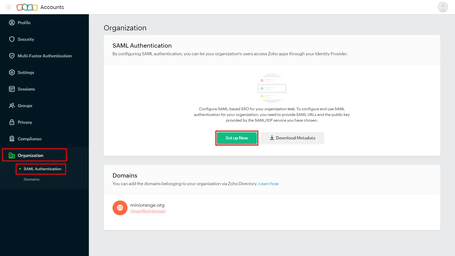 Zoho SAML Single Sign On (SSO): Zoho Accounts admin console