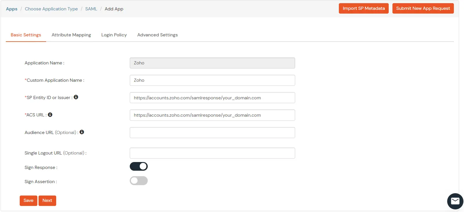 Zoho SAML SSO add additional attributes