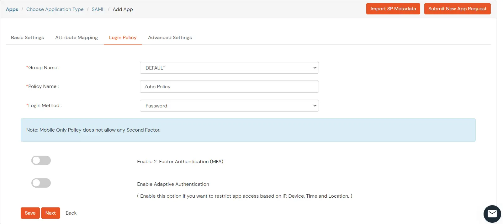 Zoho SAML SSO add policy and save to configure