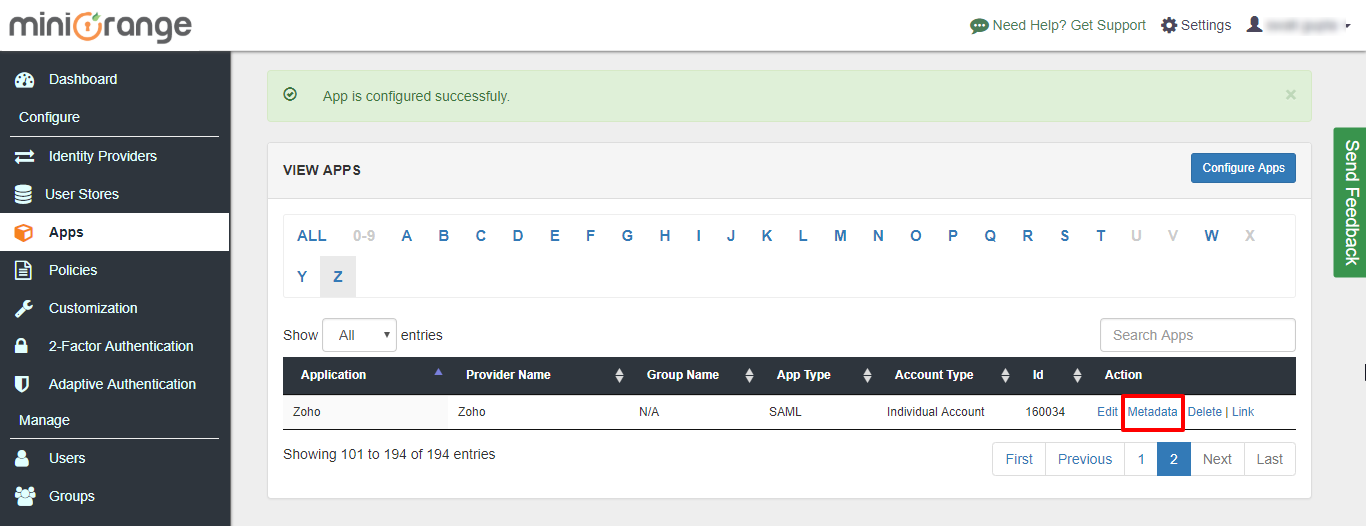 Zoho TFA/MFA : Click on metadata link