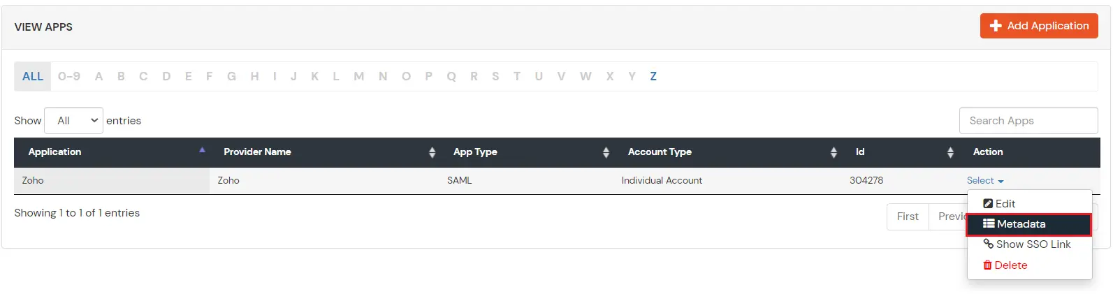 Zoho SAML Single Sign On (SSO) metadata link