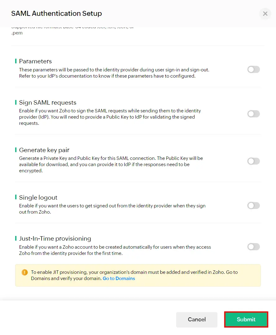 Zoho Subscription SAML Single Sign On (SSO) saml settings