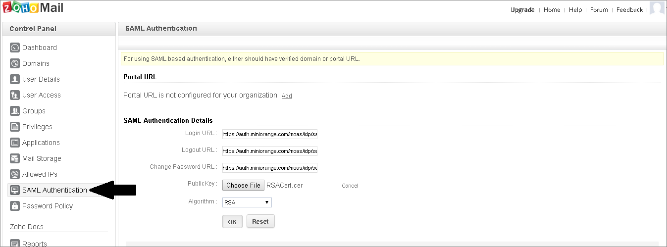 Zoho IP Restriction: SAML settings