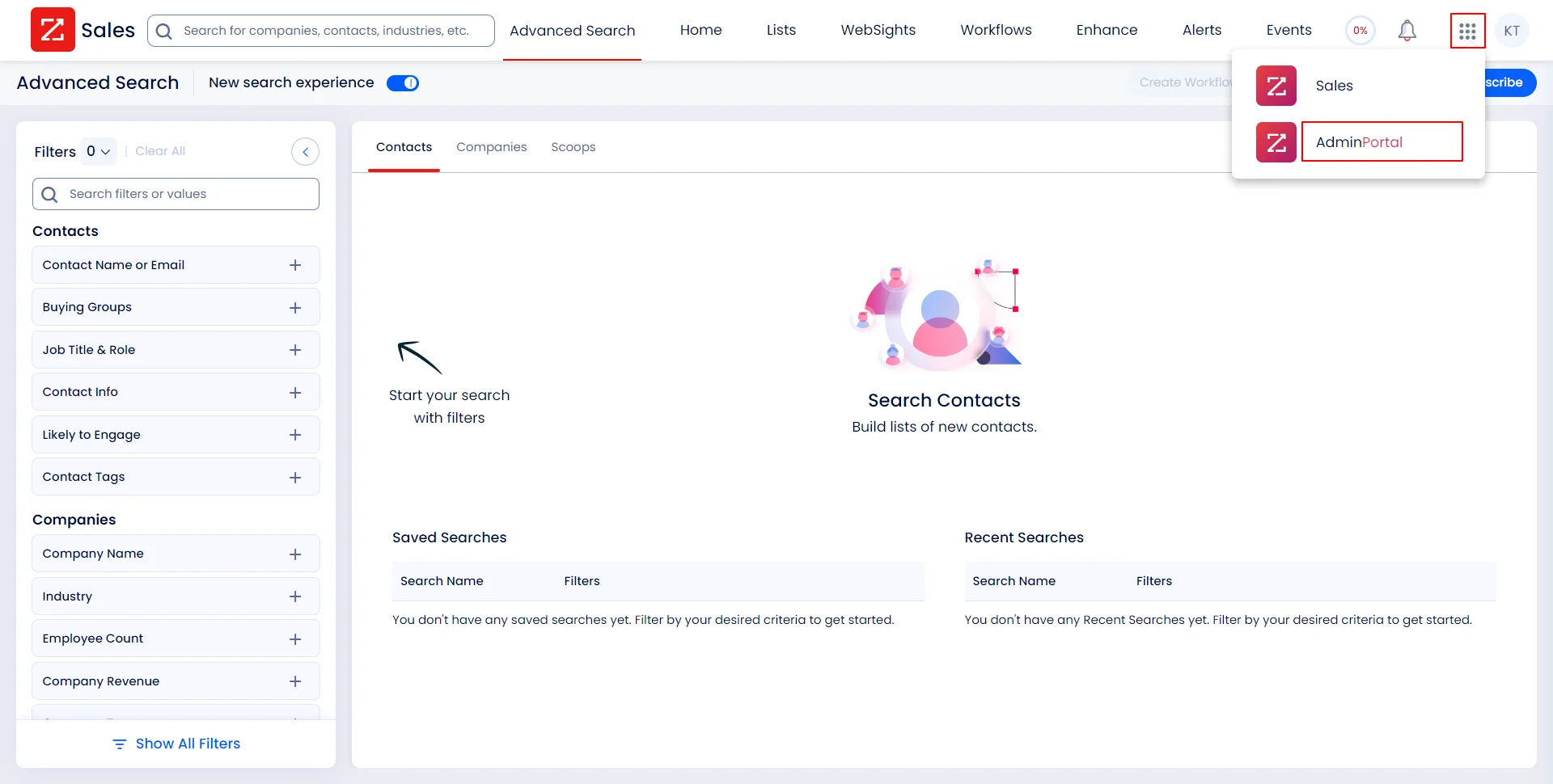 ZoomInfo Single Sign-On (SSO) On the top right side, click on app launcher icon and select AdminPortal