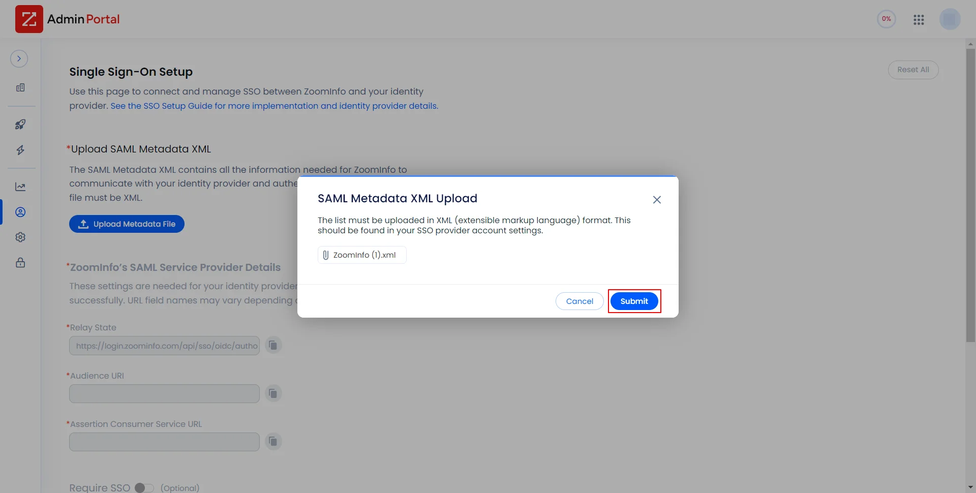 ZoomInfo Single Sign-On (SSO) Click Submit