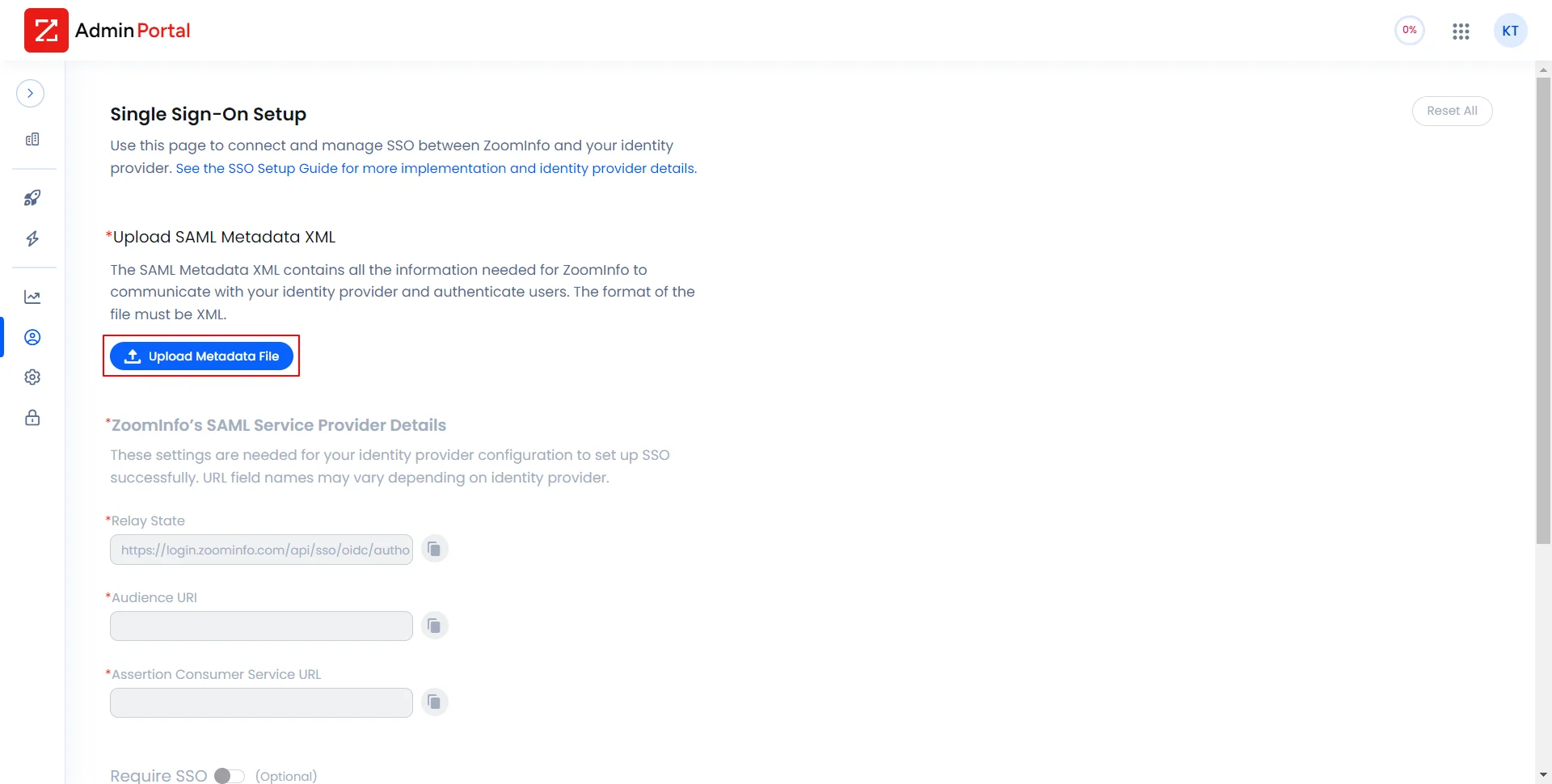 ZoomInfo Single Sign-On (SSO) Click Uplaod Metadata File button
