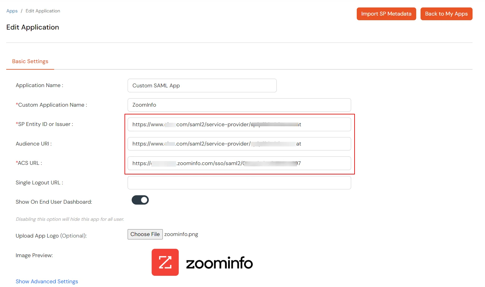 ZoomInfo Single Sign-On (SSO) Replace the Entity Id or Issuer and ACS url values