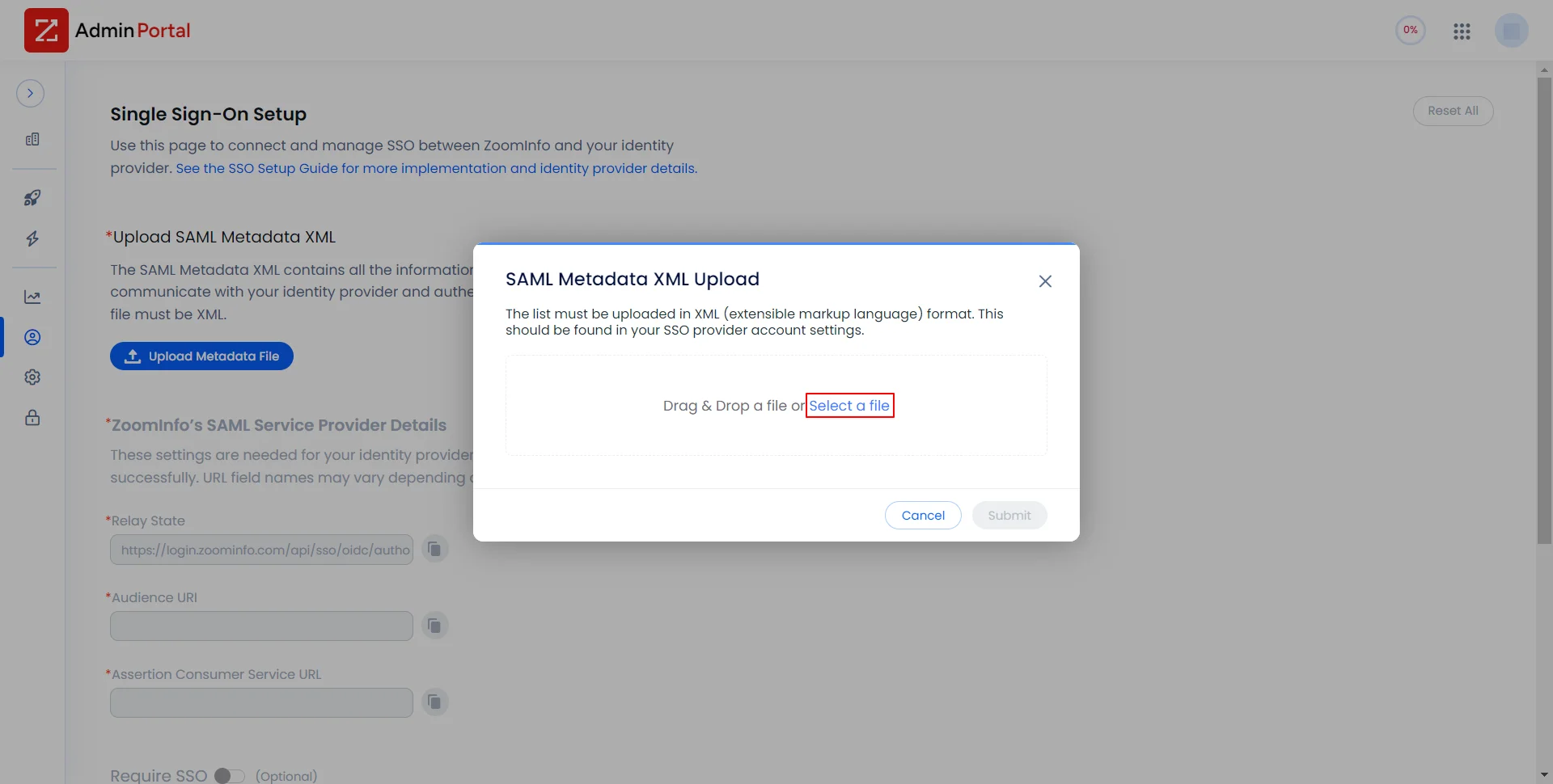 ZoomInfo Single Sign-On (SSO) Uplaod the miniOrange IdP Metadata File