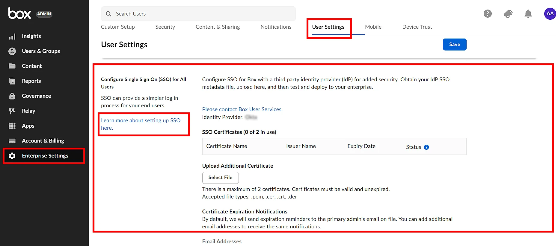 Box Single Sign On (sso) configure box setting