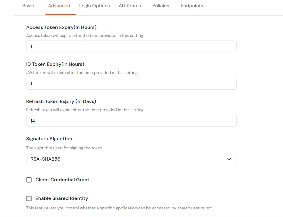 Advanced tab token expiry settings