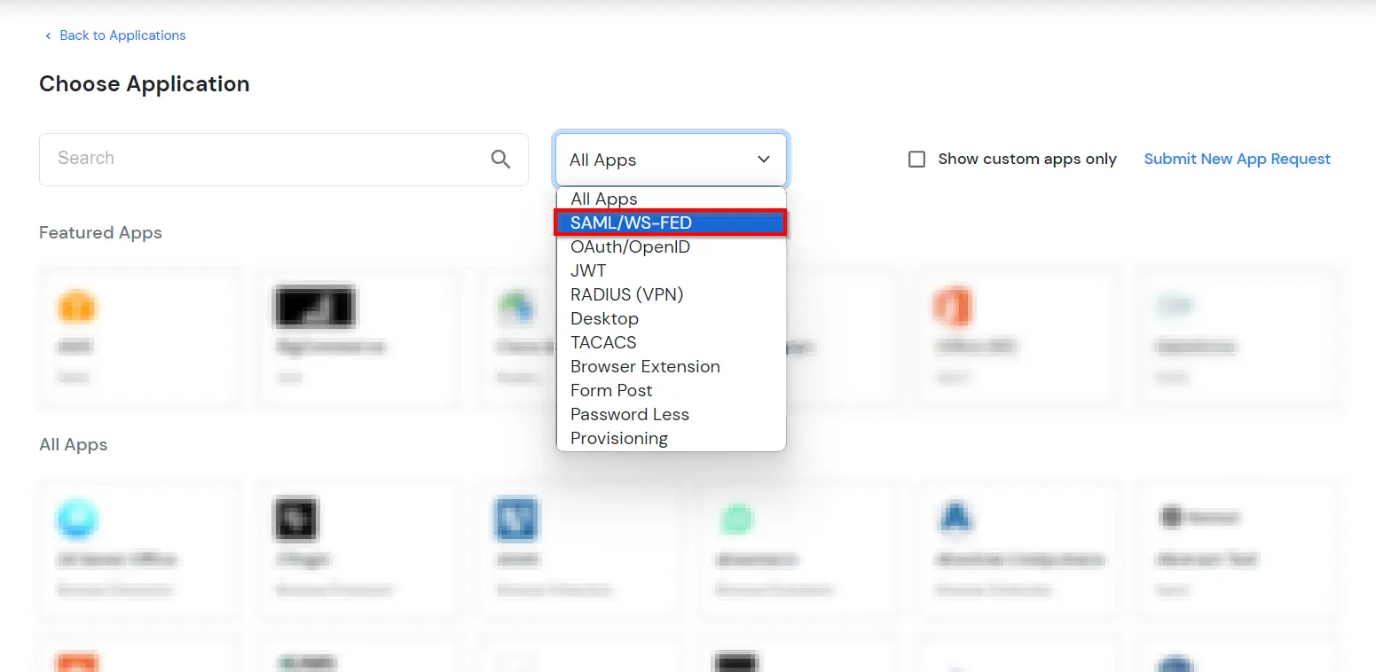 miniOrange Identity Platform Admin Handbook: select SAML application
