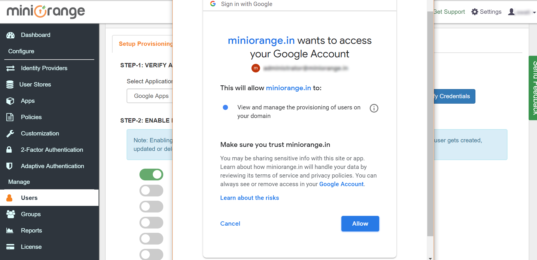 Google Workspace directory integration Allow Access