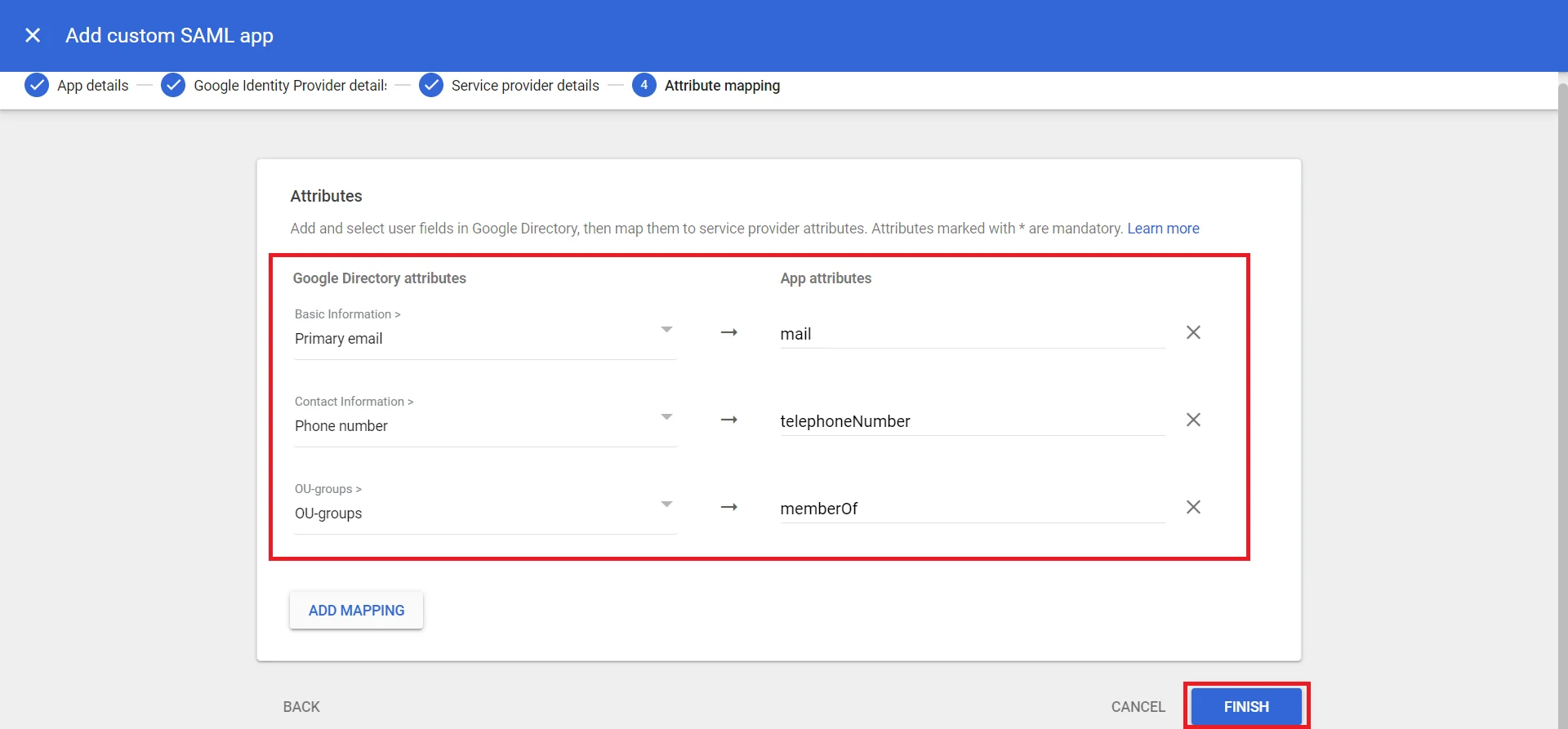 Google Workspace directory integration Add Custom Mapping