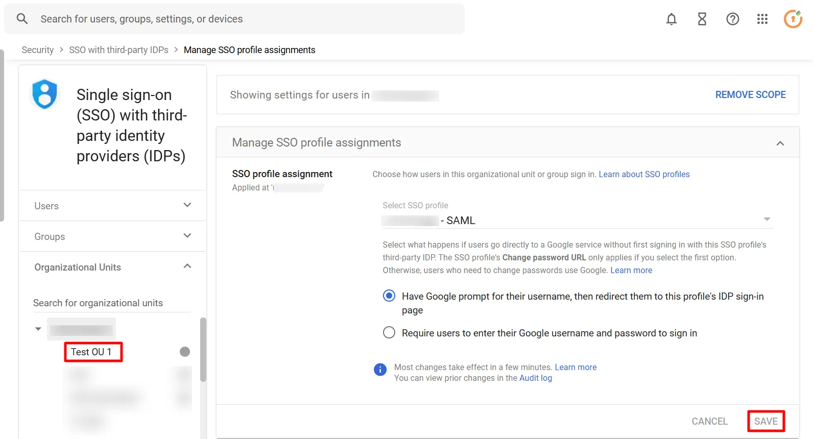 Gmail sso (Single Sign-On) select the OU or group for assigning the SSO Profile