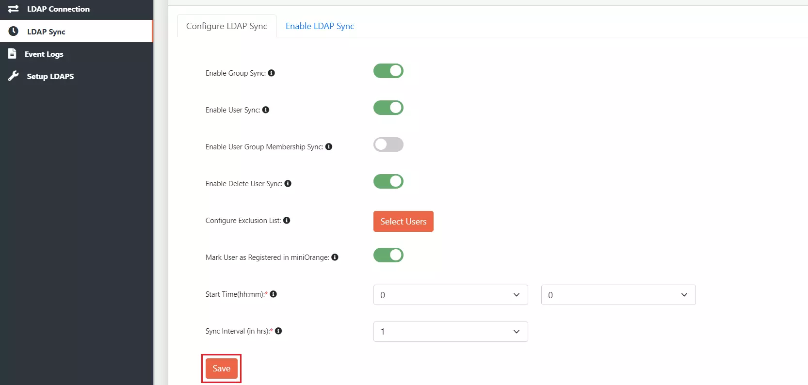 miniOrange ldap gateway schedules configuration