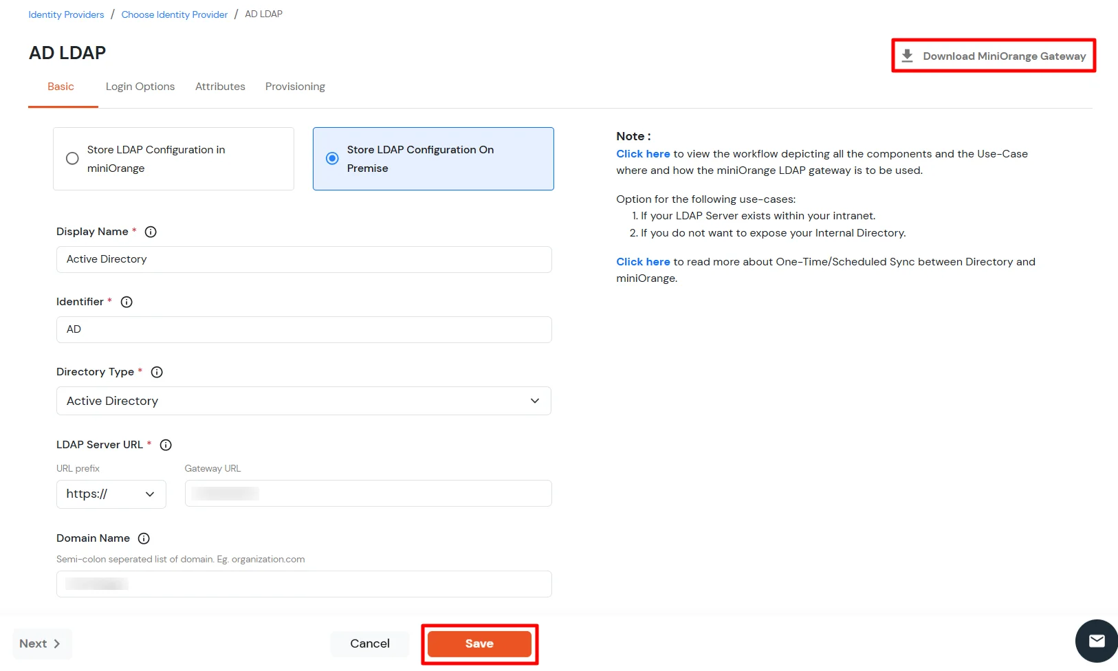 miniorange ldap sync configure AD/LDAP gateway user store in cloud