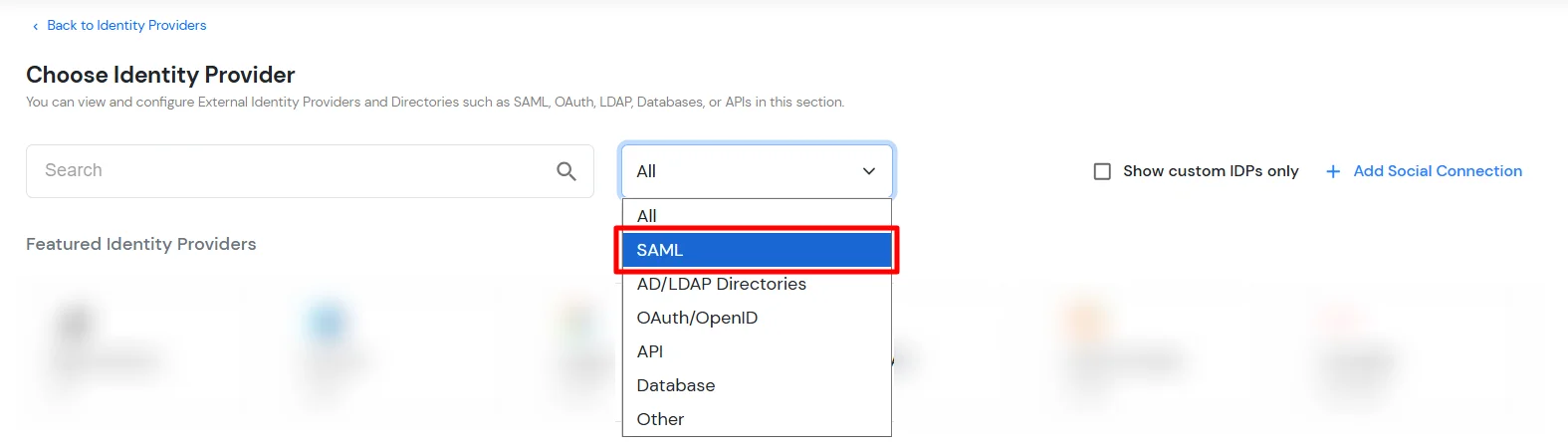 BigCommerce Microsoft Entra ID: Select SAML from dropdown