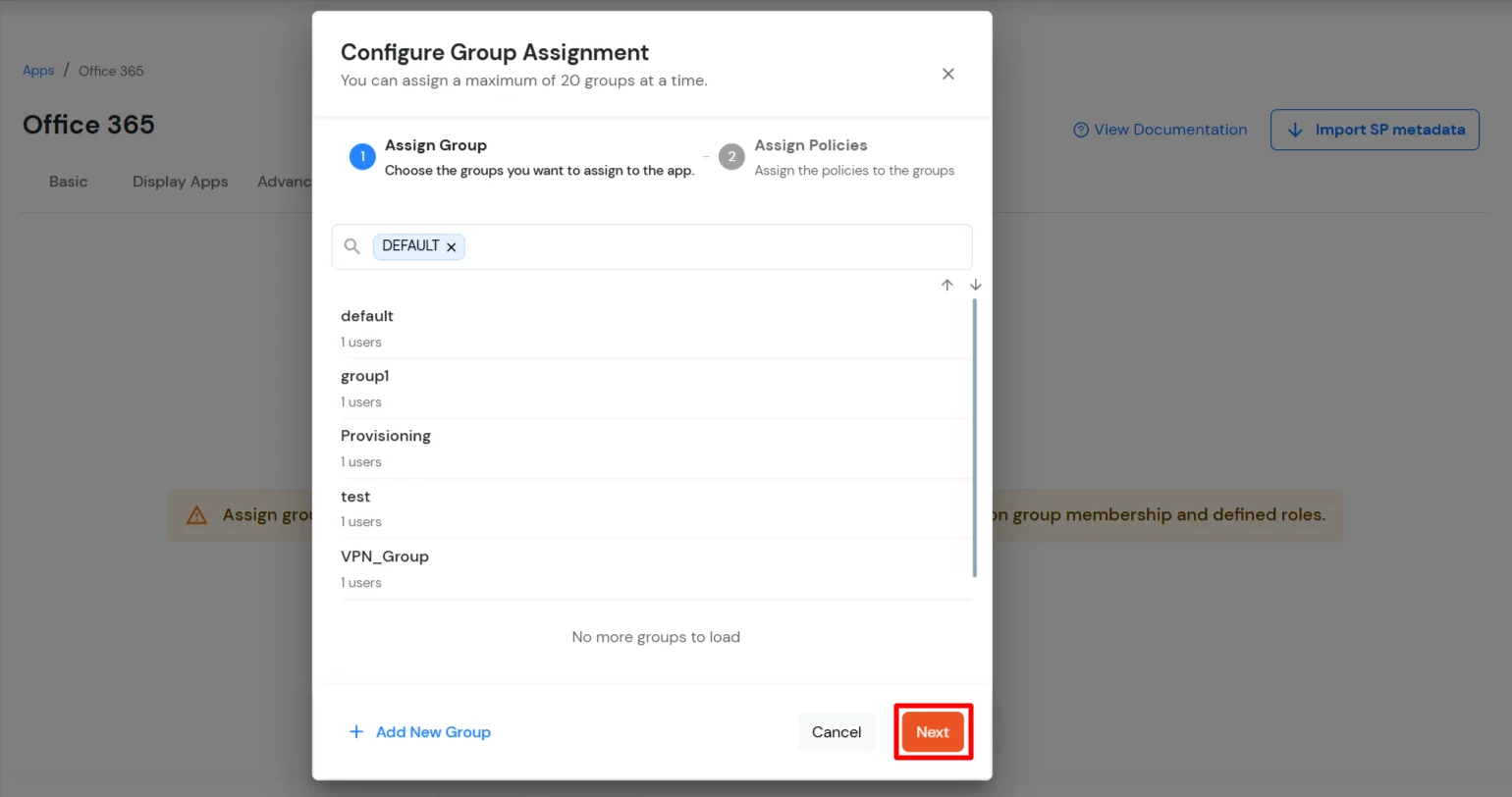 Office 365 Single Sign-On (sso) Select Default as group