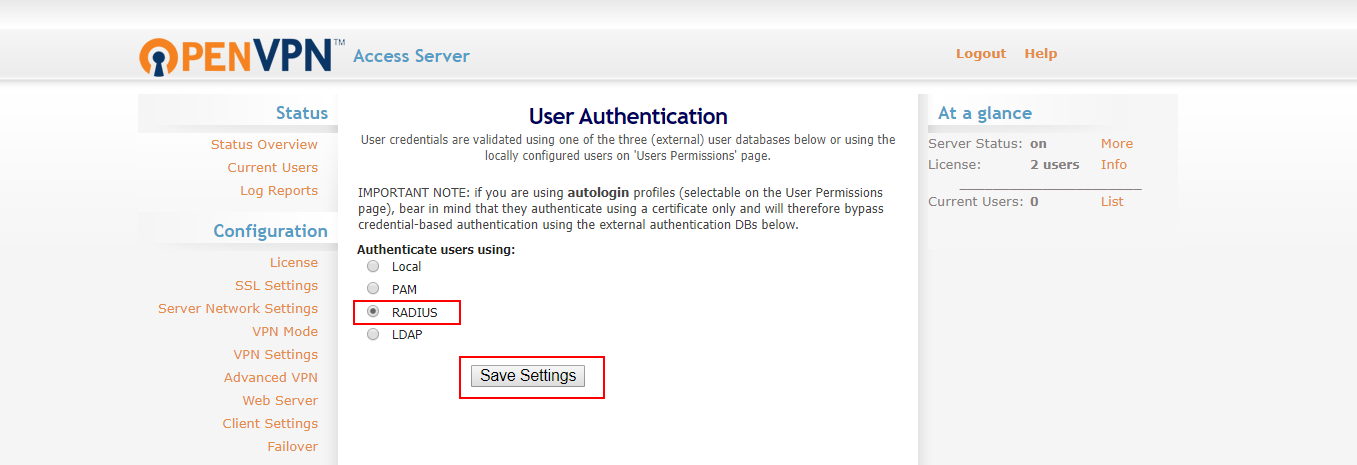 OpenVPN Multi-Factor authentication (MFA/2FA): select Radius and Save