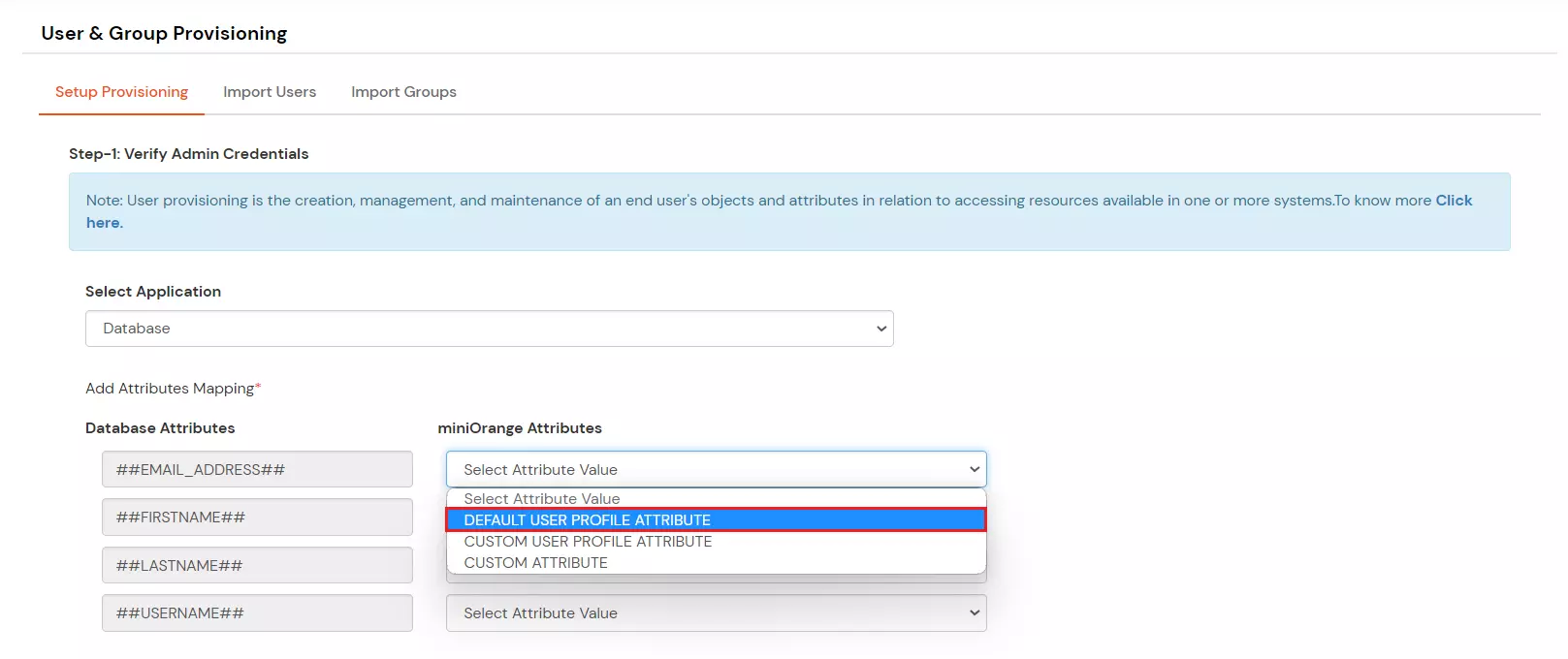 Configure Maria Database Provisioning: Default User Profile Attributes mapping