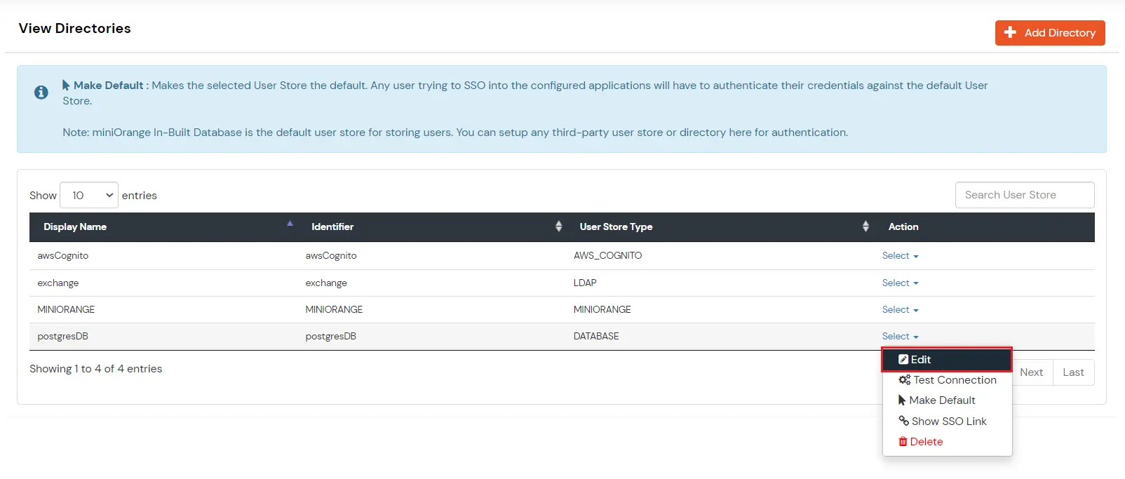 Configure PostgreSQL Database Provisioning: Edit External Directory page