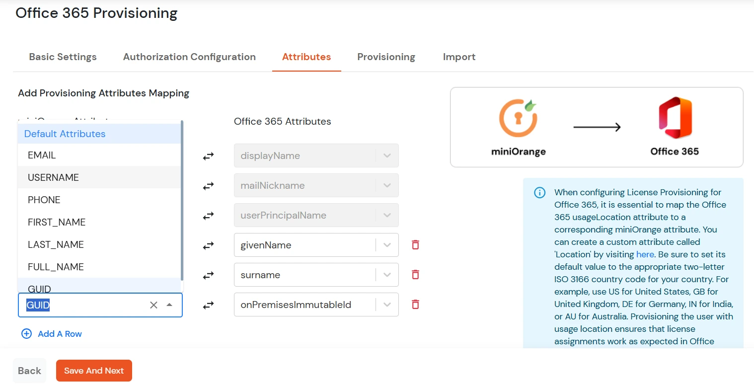 Default attributes setup screen for Office 365 provisioning