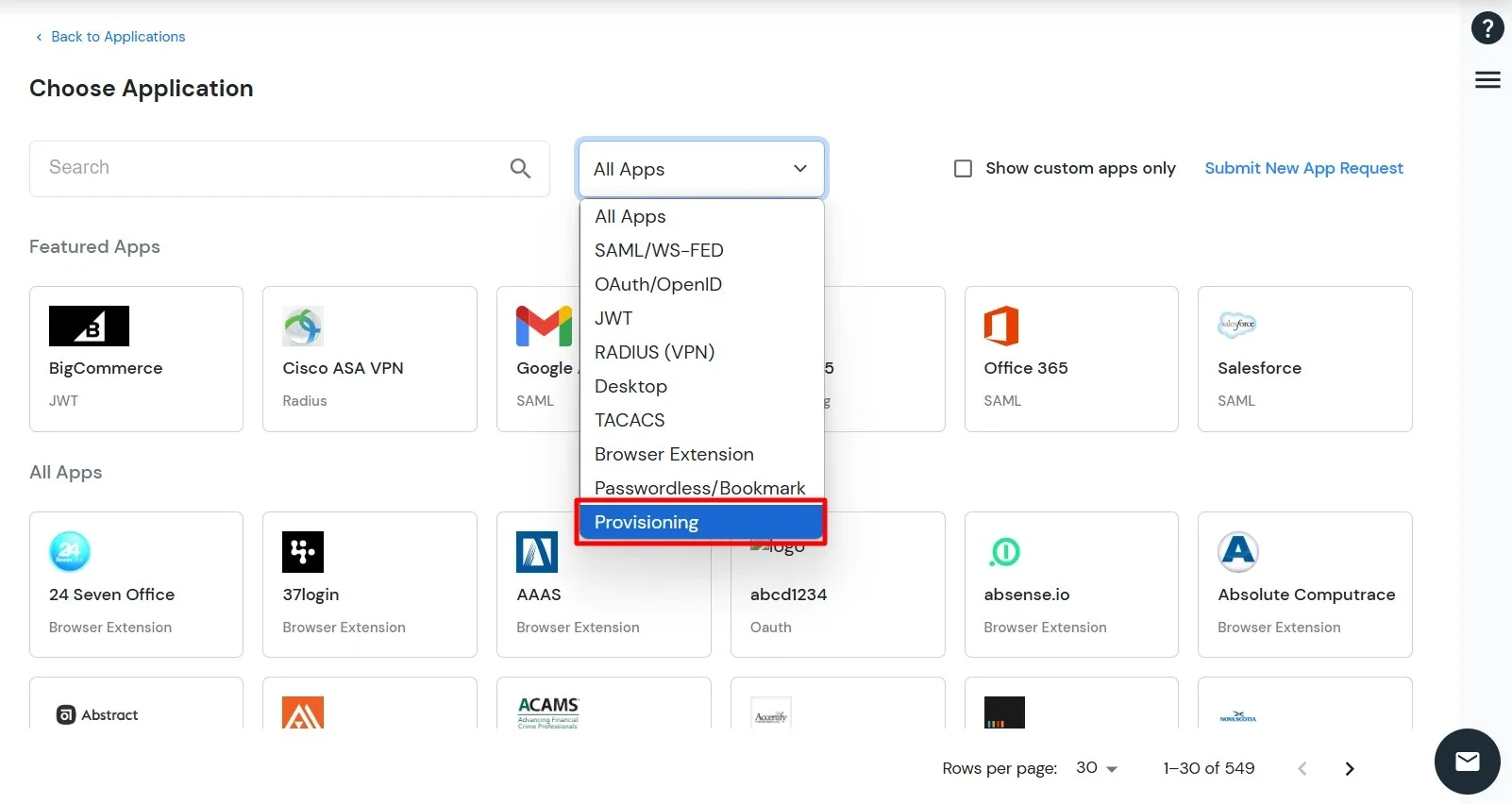 Choose Provisioning from the application dropdown in miniOrange