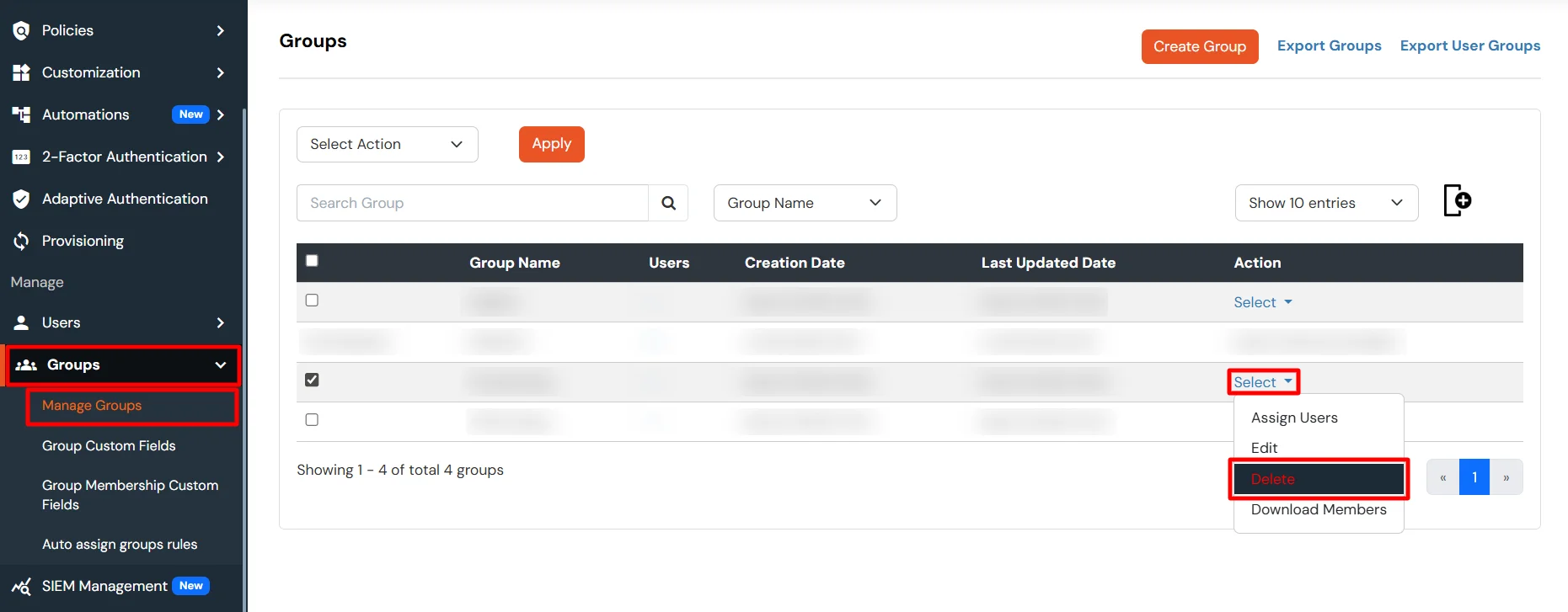 Manage Groups section showing user counts in groups
