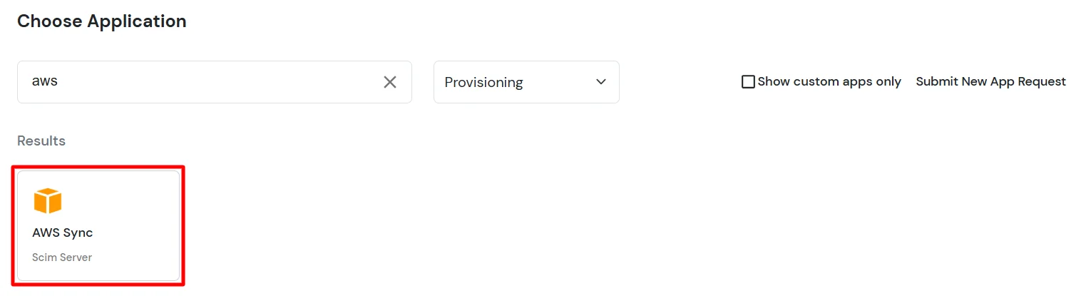 Search and select AWS application in miniOrange provisioning apps
