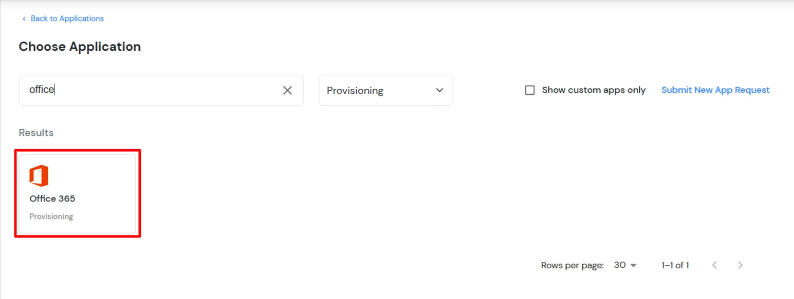 Search and select Office 365 application in miniOrange provisioning apps