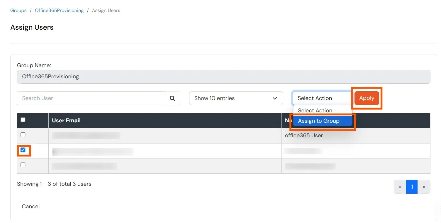 Selecting users and assigning them to provisioning group