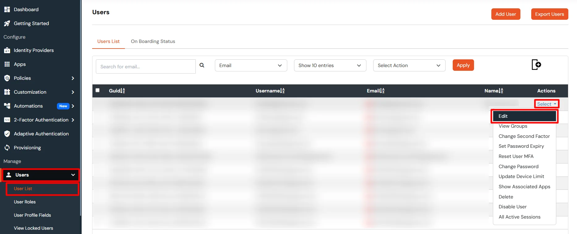 Selecting a user from the user list to edit details