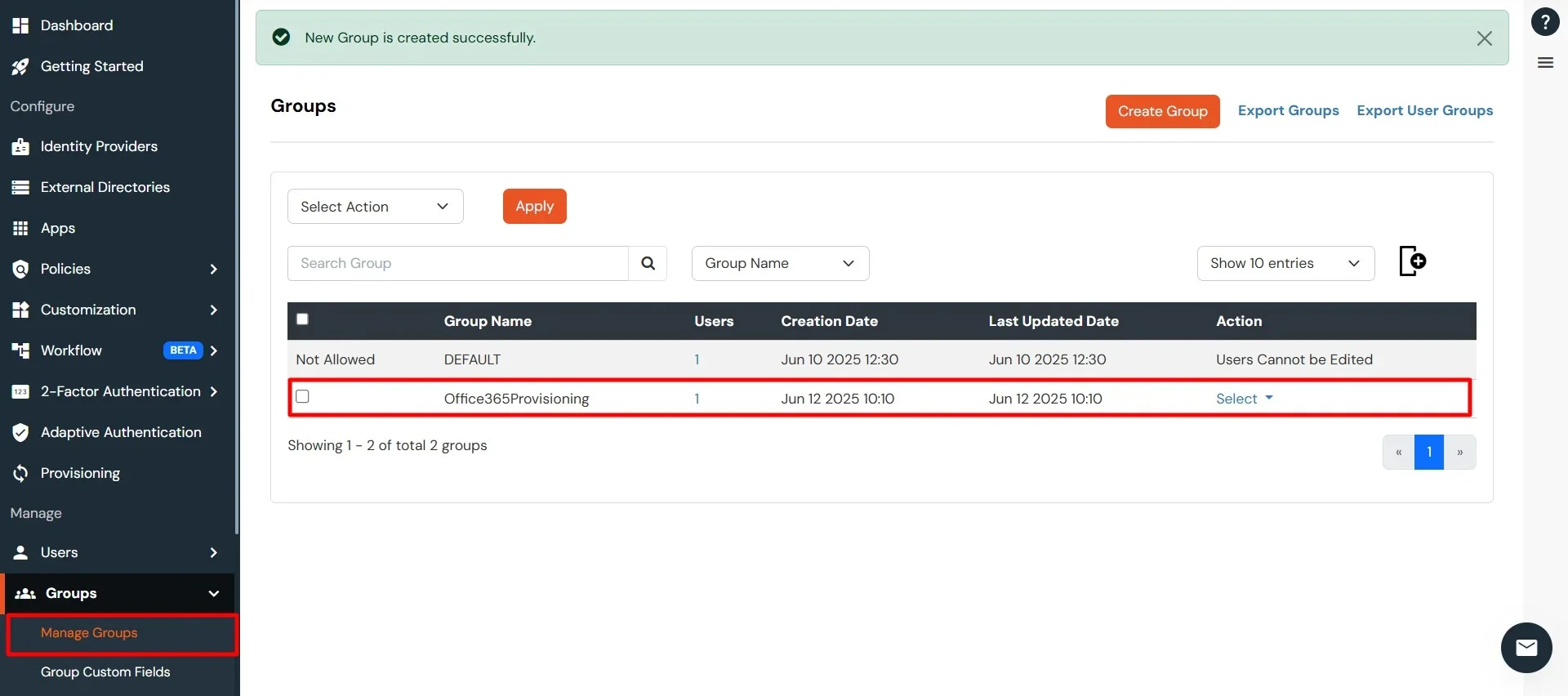 View of Manage Groups list with newly created group in miniOrange portal