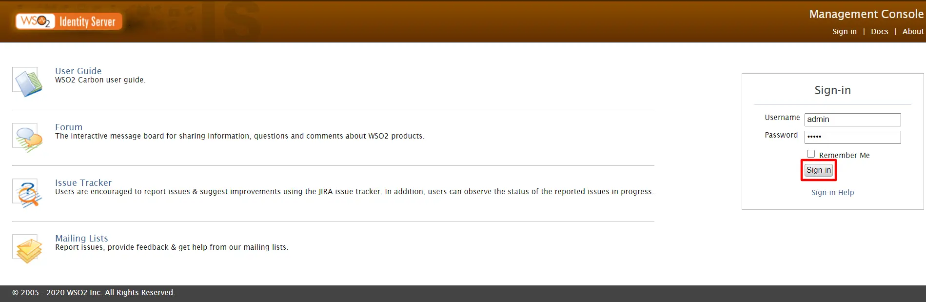WSO2 single sign-on management console